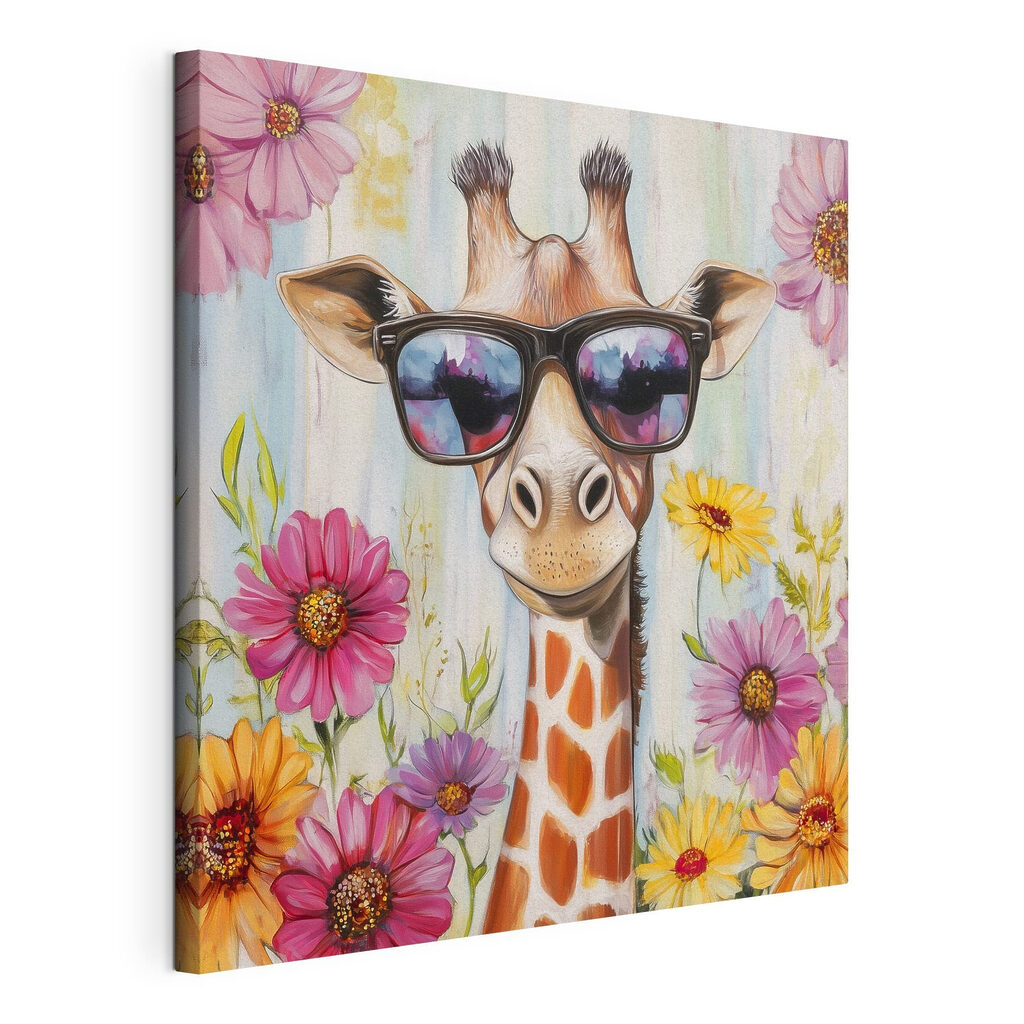 Girafa entre flores, tela esticada e borda contínua