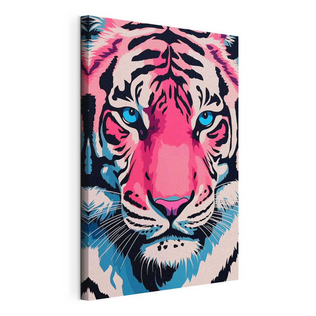 Tigre cor-de-rosa e azul, tela esticada e borda contínua
