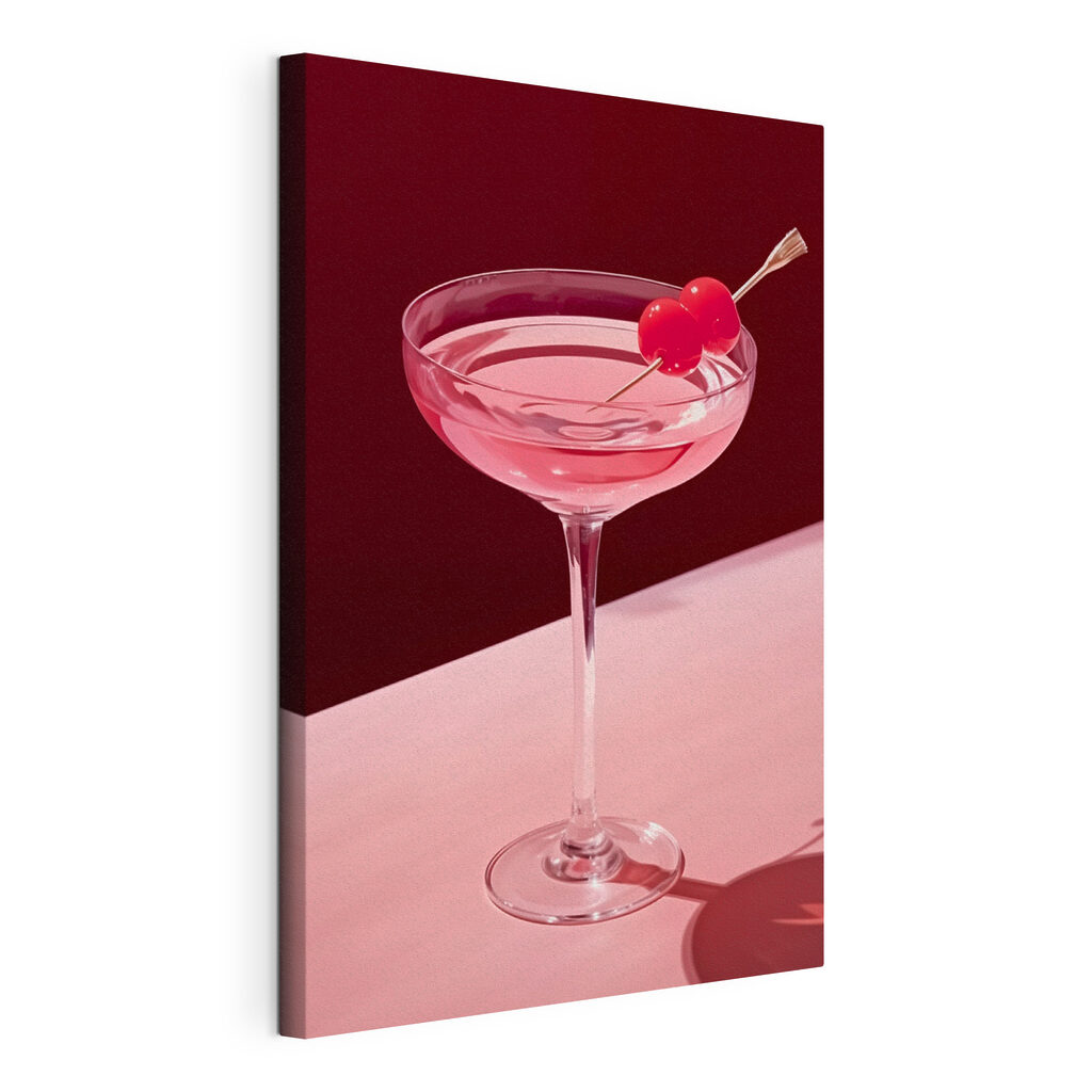 Cocktail cor-de-rosa com cereja, tela esticada e borda contínua