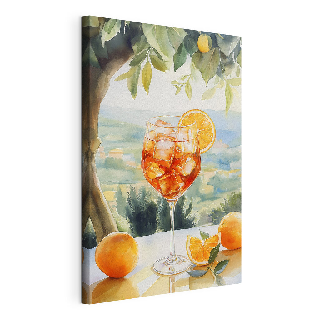 Cocktail laranja sobre colinas, tela esticada e borda contínua