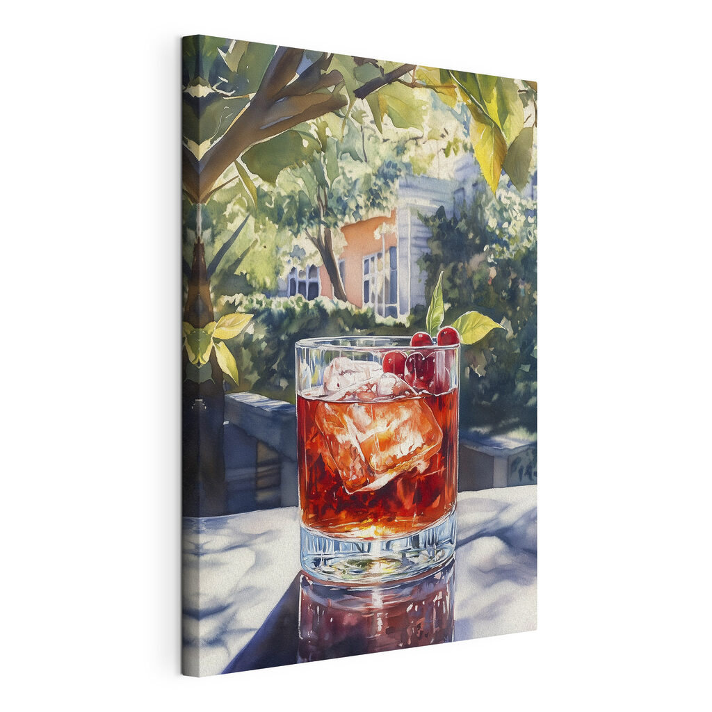 Cocktail escuro no jardim, tela esticada e borda contínua