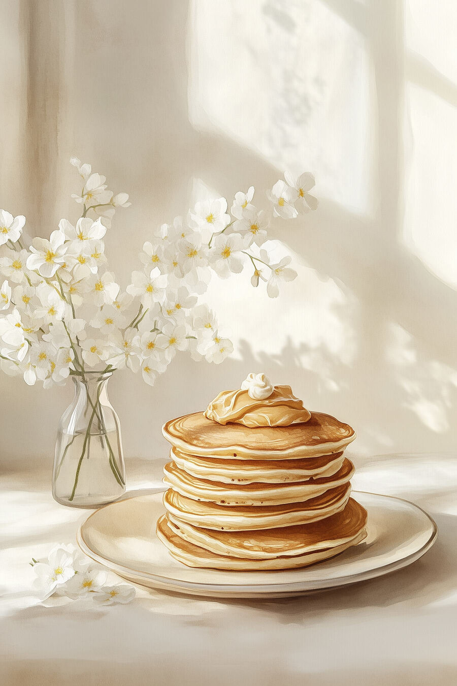 Panquecas com flores brancas — design completo