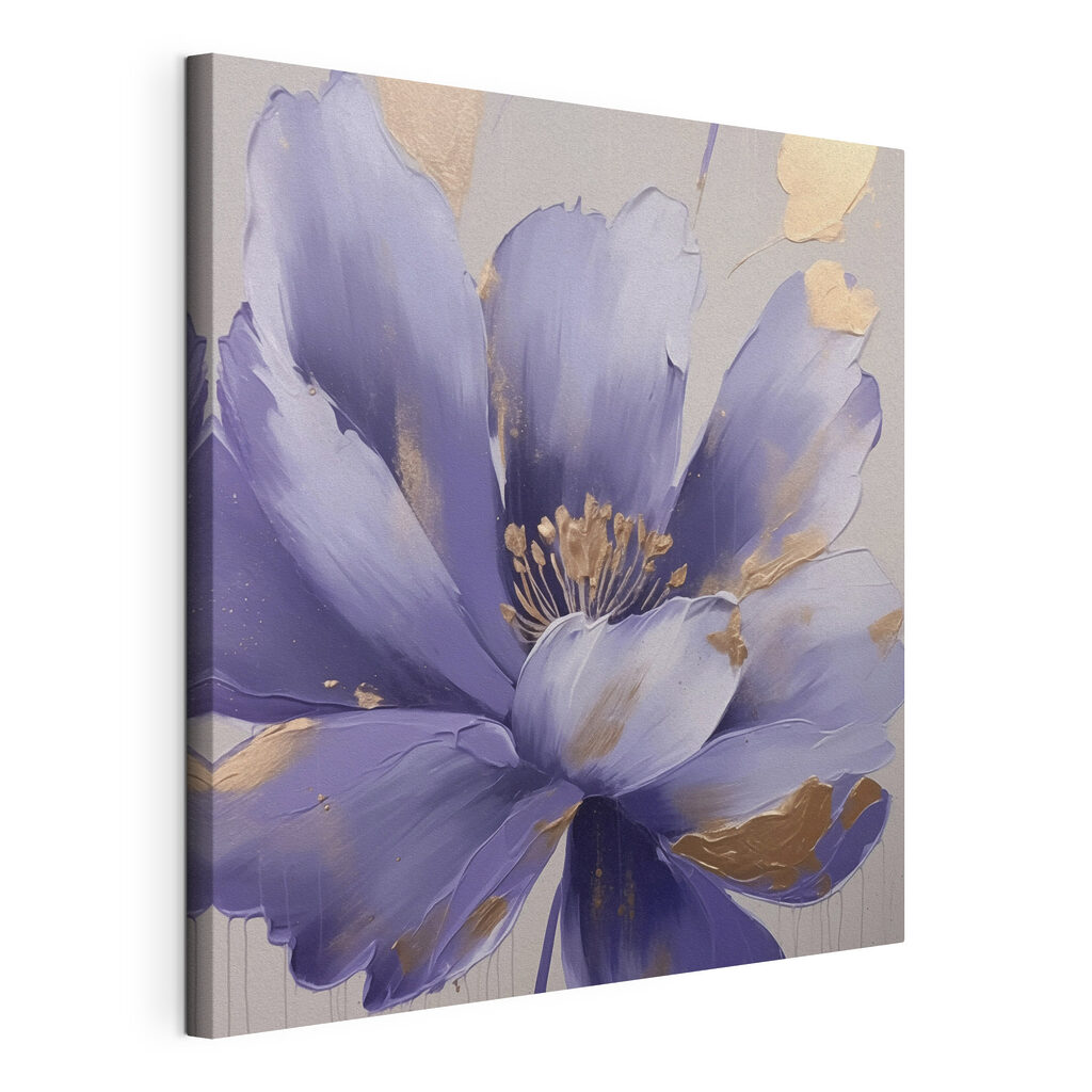 Flor lilás e dourada, tela esticada e borda contínua