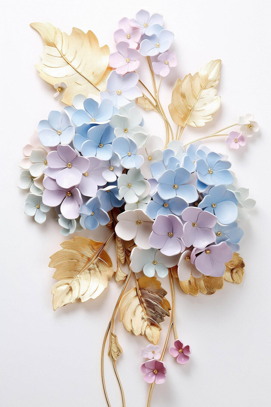 Flores pastel, folhas douradas — design completo
