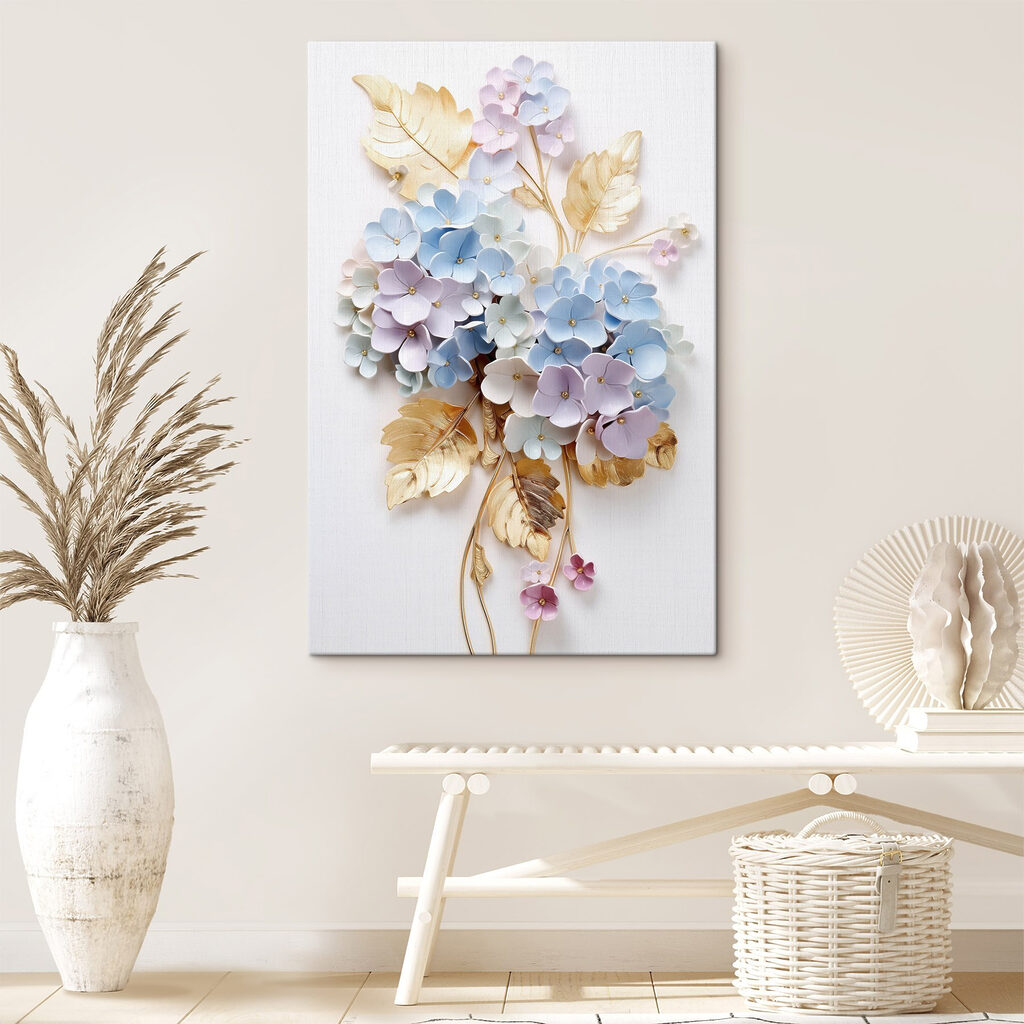 Flores pastel, folhas douradas — interior 1