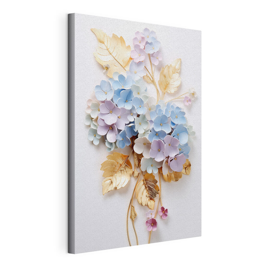 Flores pastel, folhas douradas, tela esticada e borda contínua