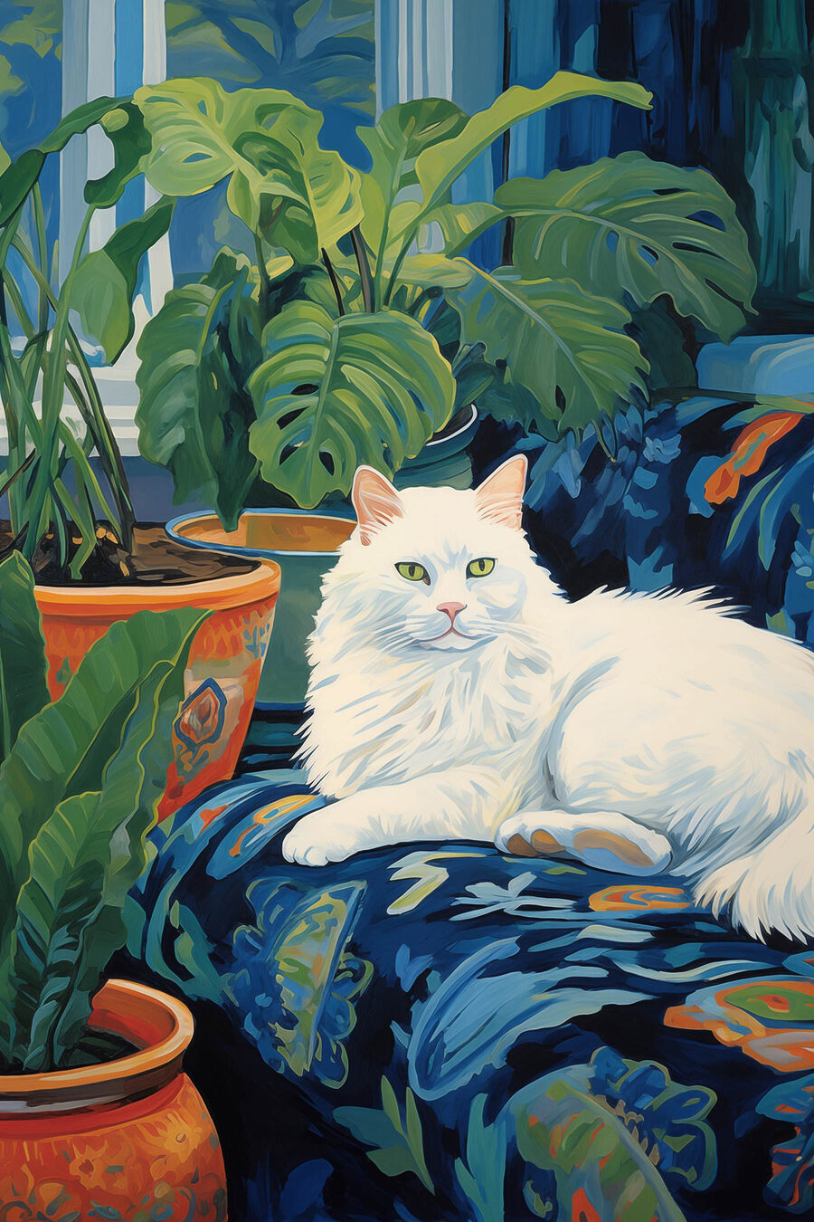 Gato branco entre plantas — design completo