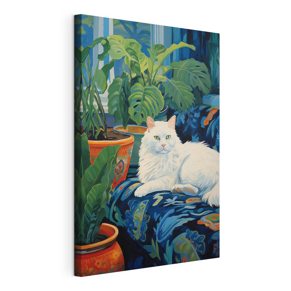 Gato branco entre plantas, tela esticada e borda contínua