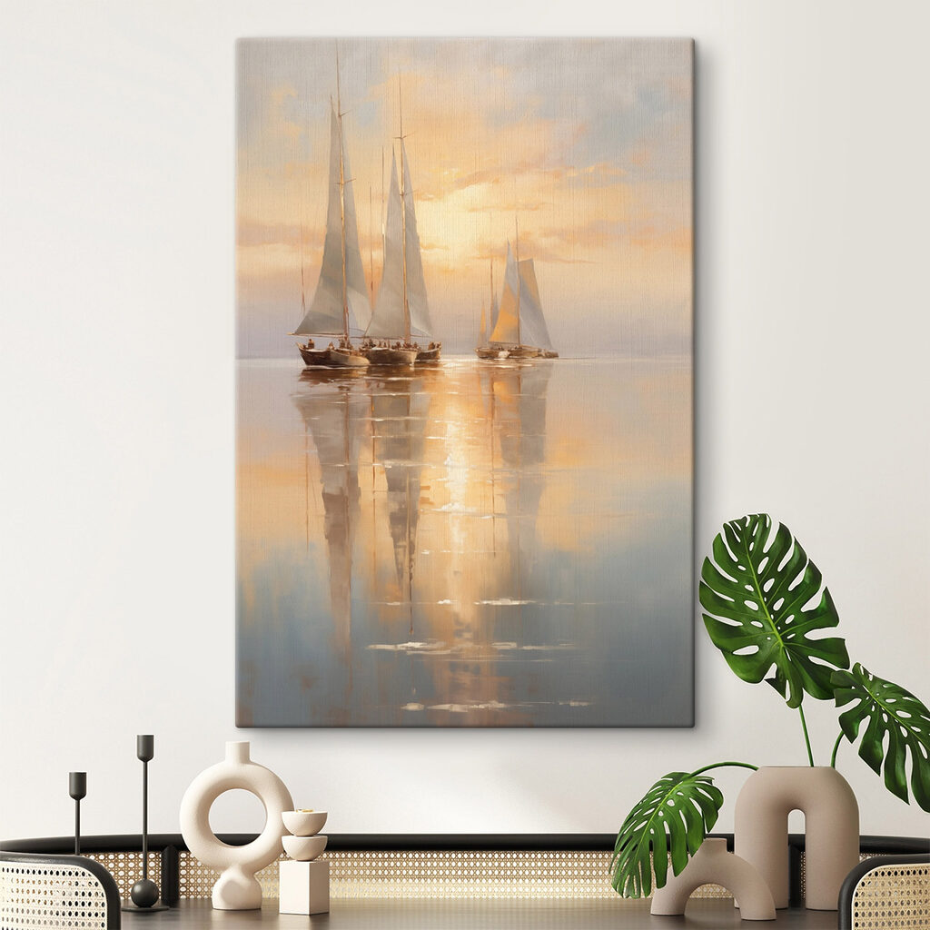 Veleiros em reflexo dourado num interior