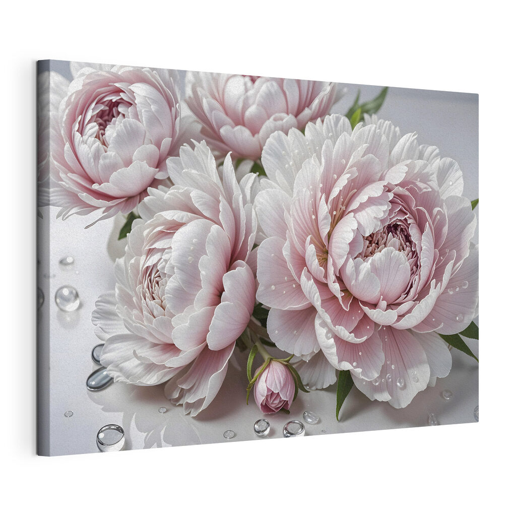 Peónias cor-de-rosa com gotas, tela esticada e borda contínua