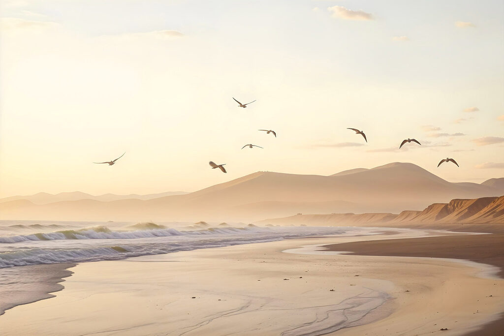 Aves sobre a praia — design completo