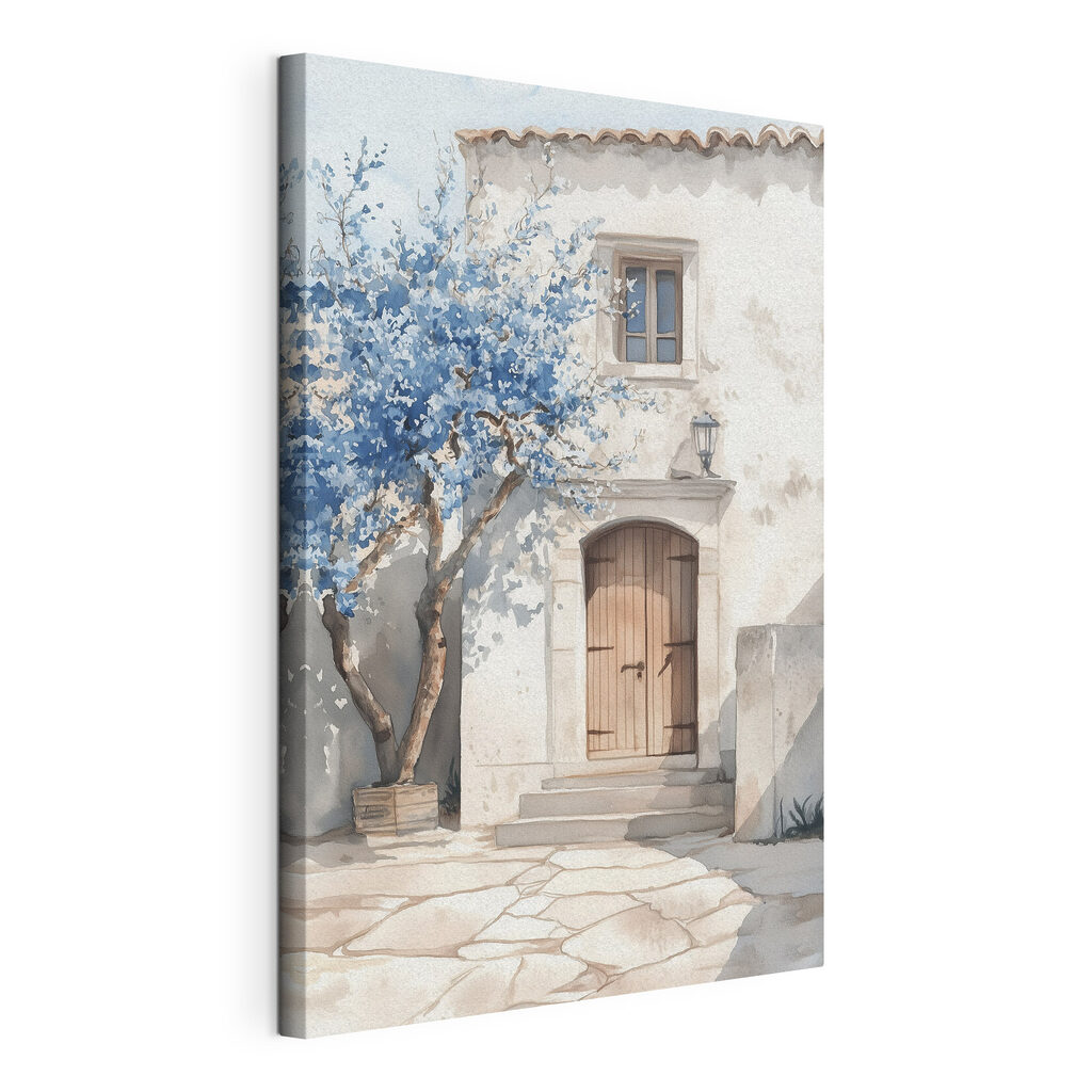 Árvore azul à porta, tela esticada e borda contínua