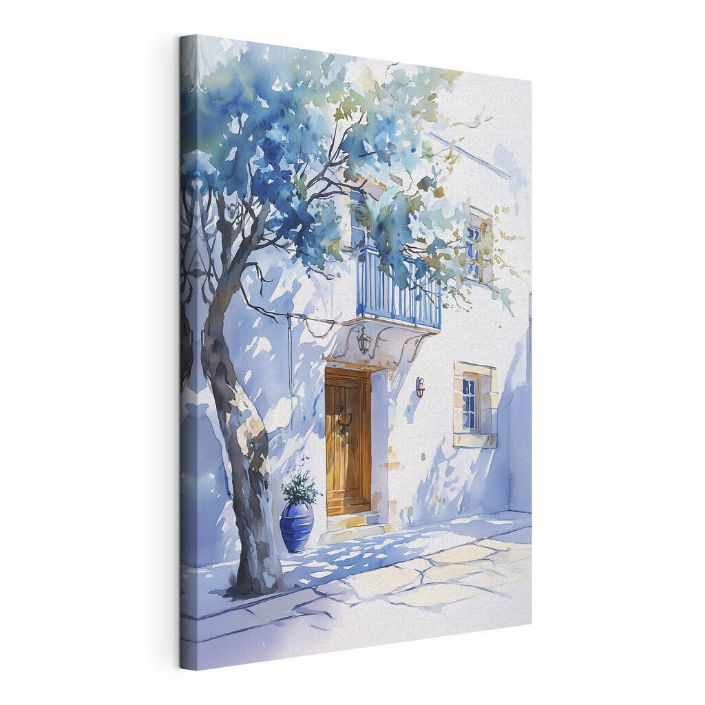 Porta dourada e azul, tela esticada e borda contínua