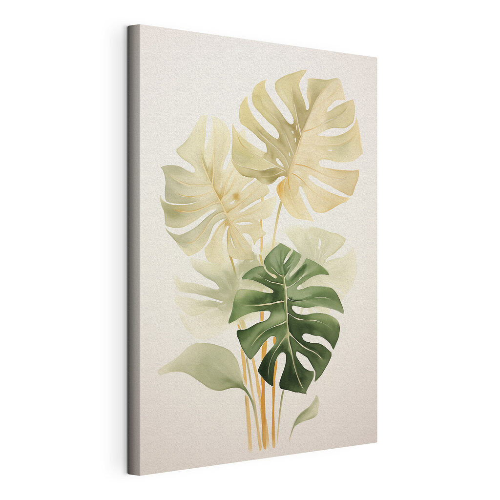 Monstera em tons amarelo-verdes, tela esticada e borda contínua