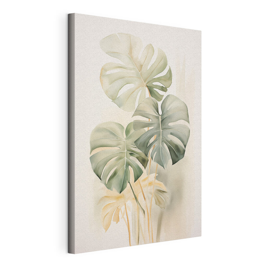 Monstera de folhas pálidas, tela esticada e borda contínua