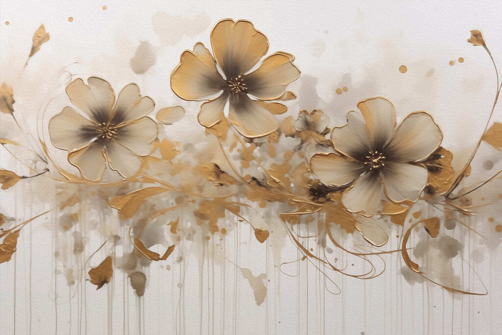 Flores douradas com linhas — design completo