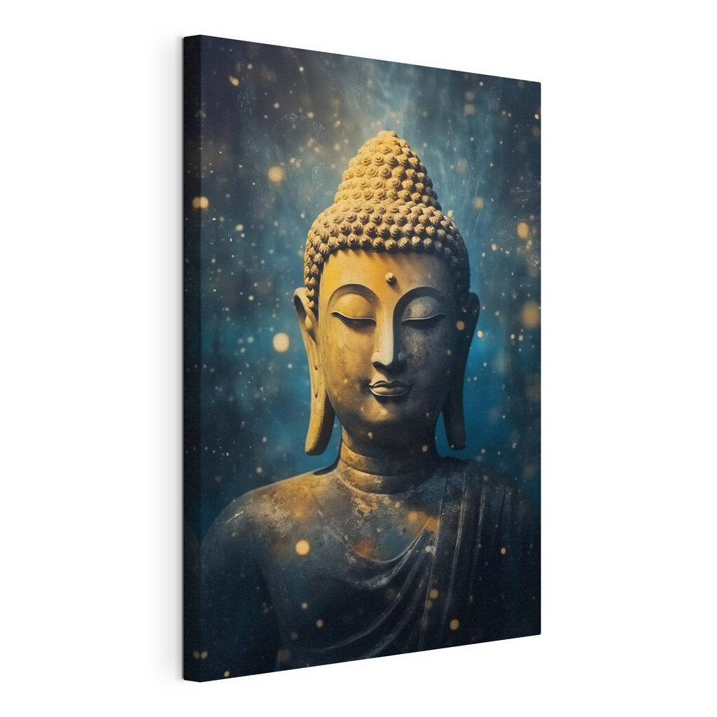 Buda em azul estrelado, tela esticada e borda contínua