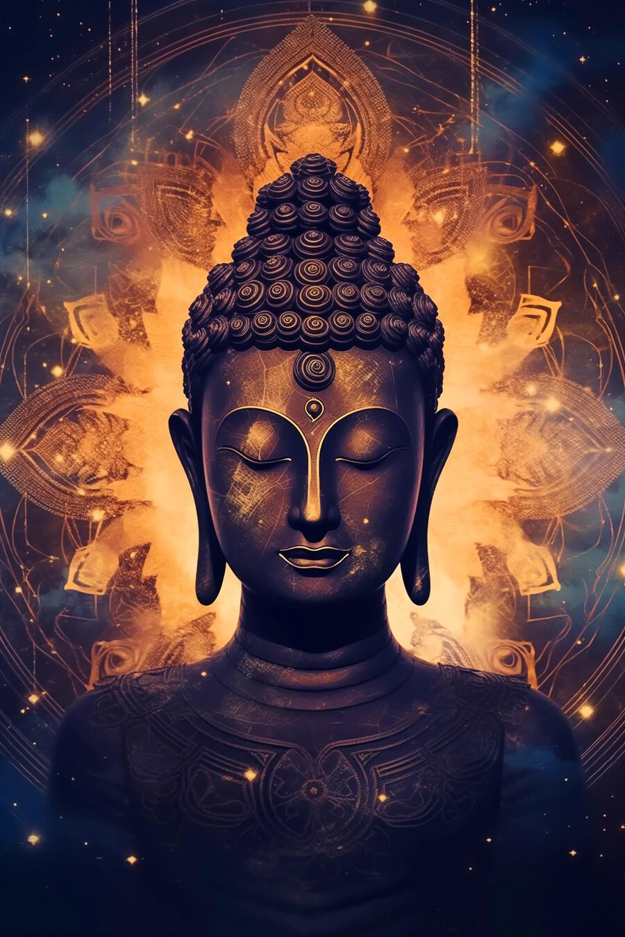 Buda com auréola ardente — design completo