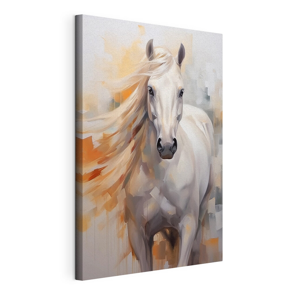 Cavalo branco, crina laranja, tela esticada e borda contínua