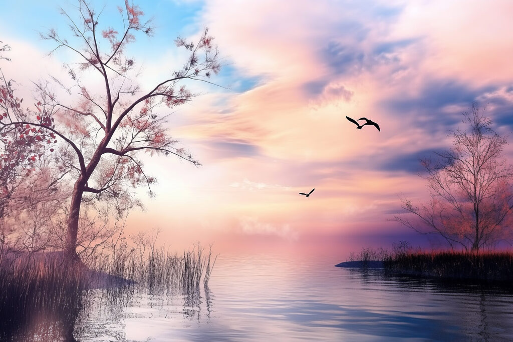 Aves sobre margem cor-de-rosa — design completo