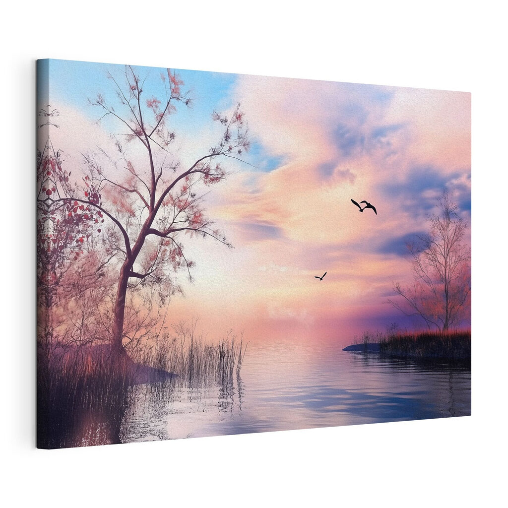 Aves sobre margem cor-de-rosa, tela esticada e borda contínua