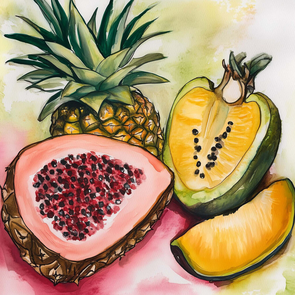 Fruta tropical em aguarela — design completo