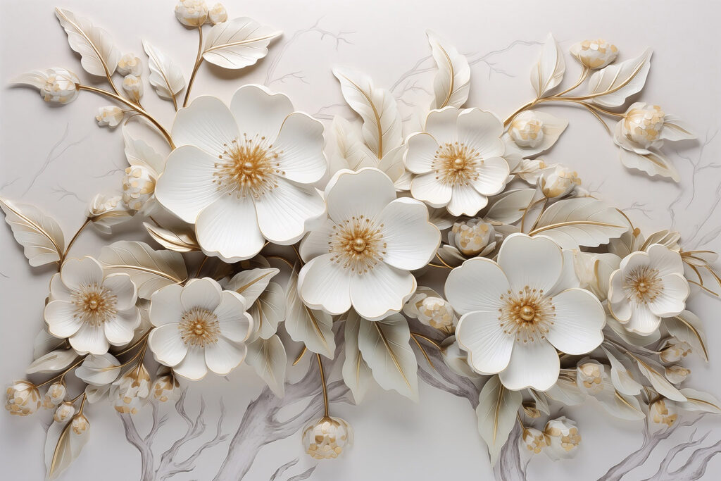 Flores brancas, ramos dourados — design completo