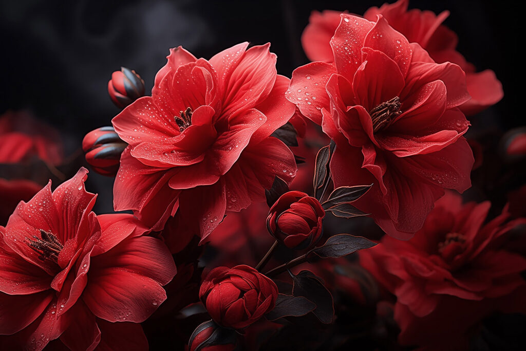 Flores vermelho-escuras sobre preto — design completo