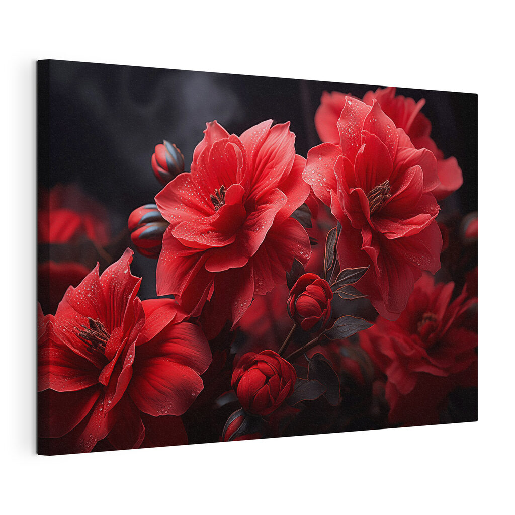 Flores vermelho-escuras sobre preto, tela esticada e borda contínua