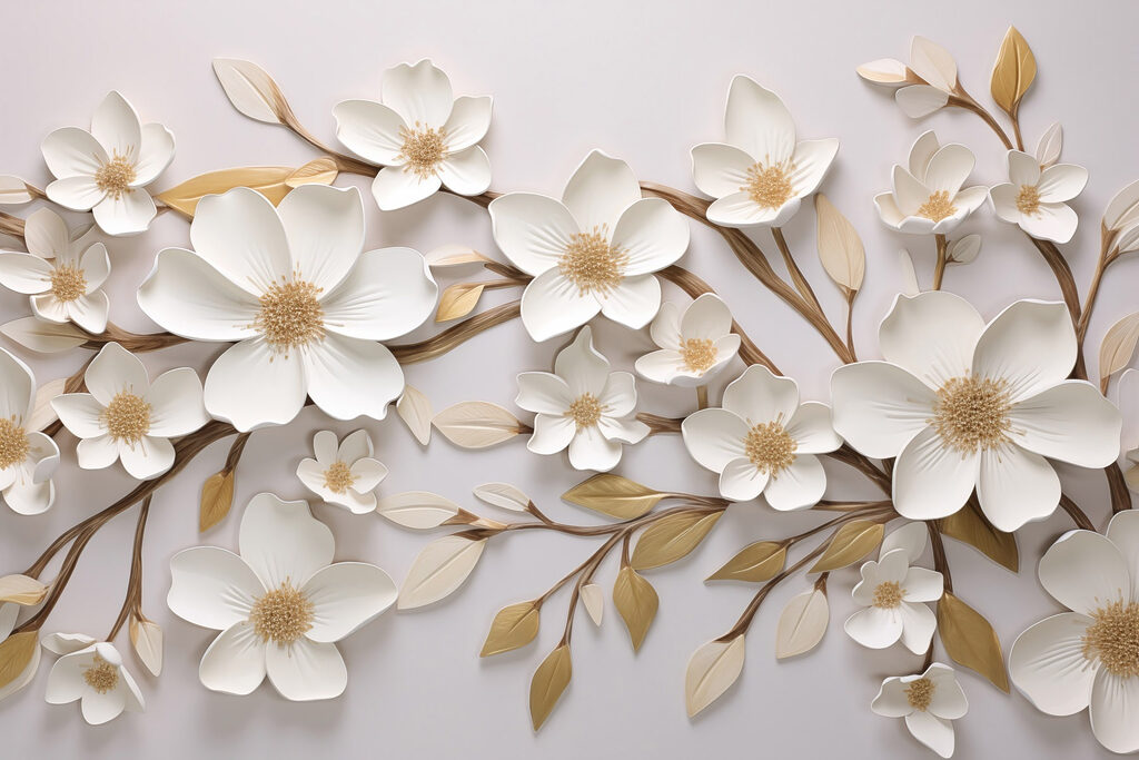 Flores brancas, linhas douradas — design completo