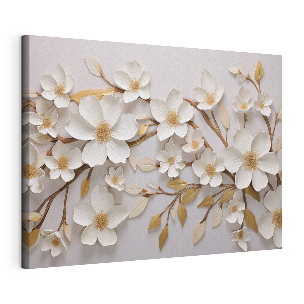 Flores brancas, linhas douradas, tela esticada e borda contínua