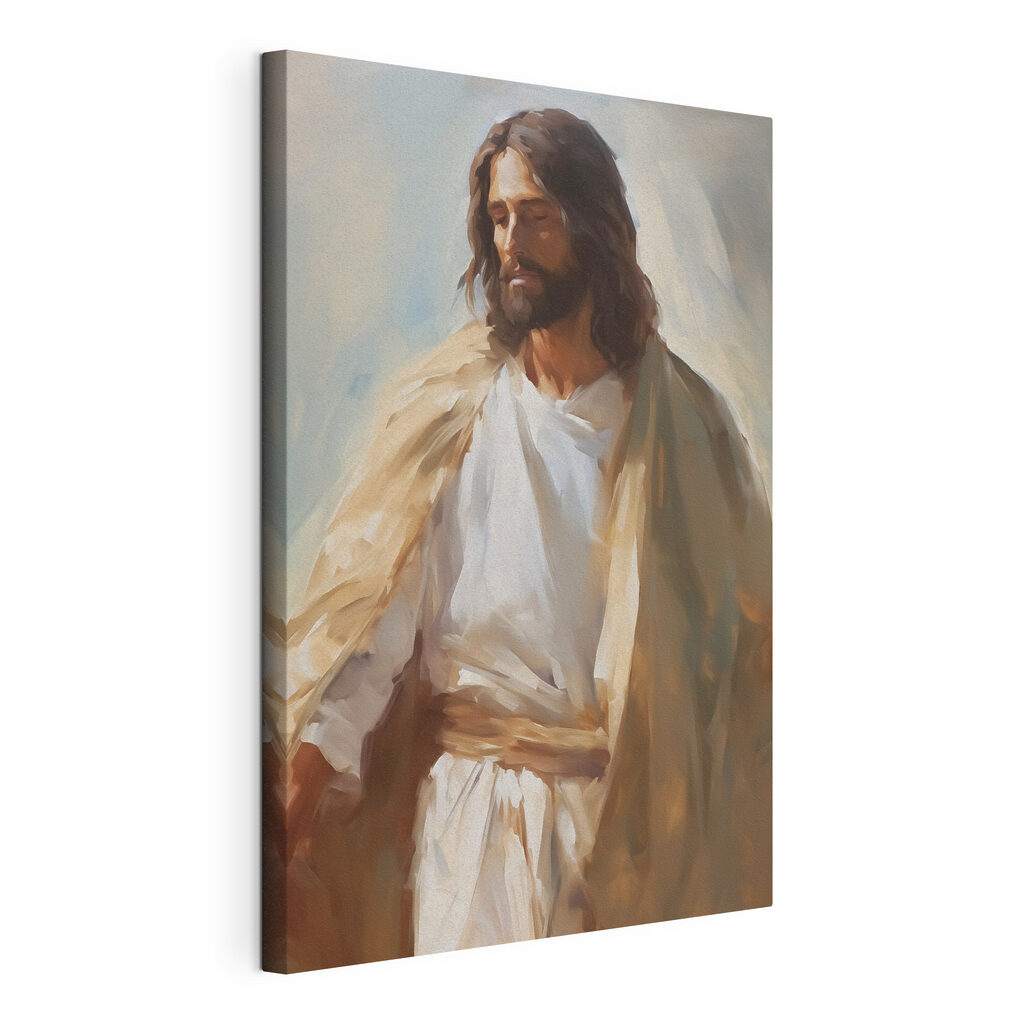 Jesus em pinceladas quentes, tela esticada e borda contínua