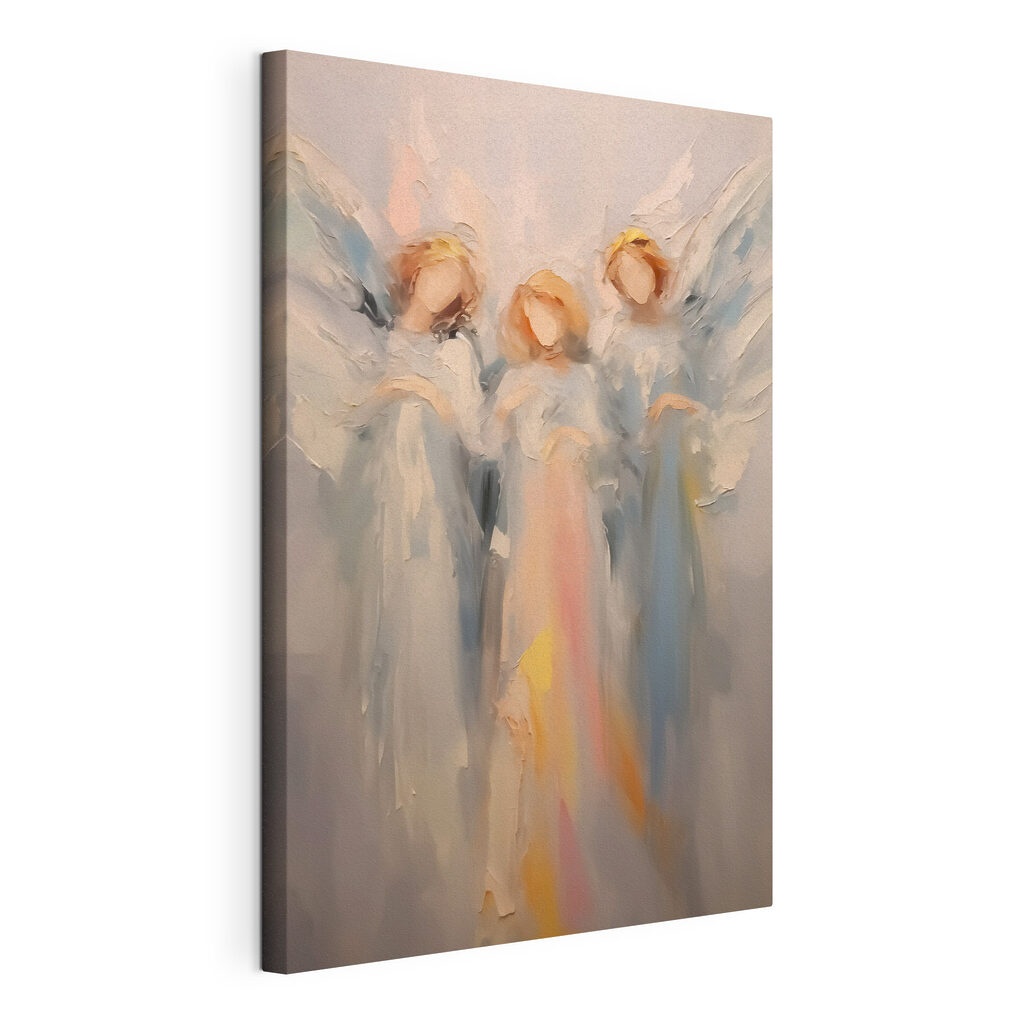 Três anjos em pastel, tela esticada e borda contínua
