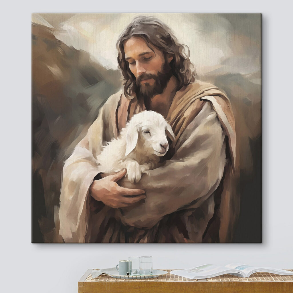 Jesus com cordeiro branco num interior