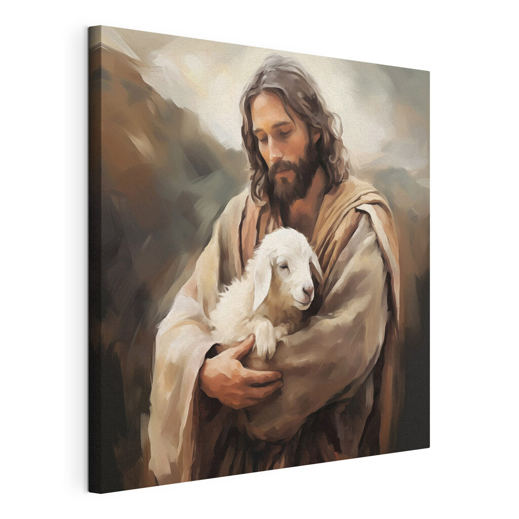 Jesus com cordeiro branco, tela esticada e borda contínua