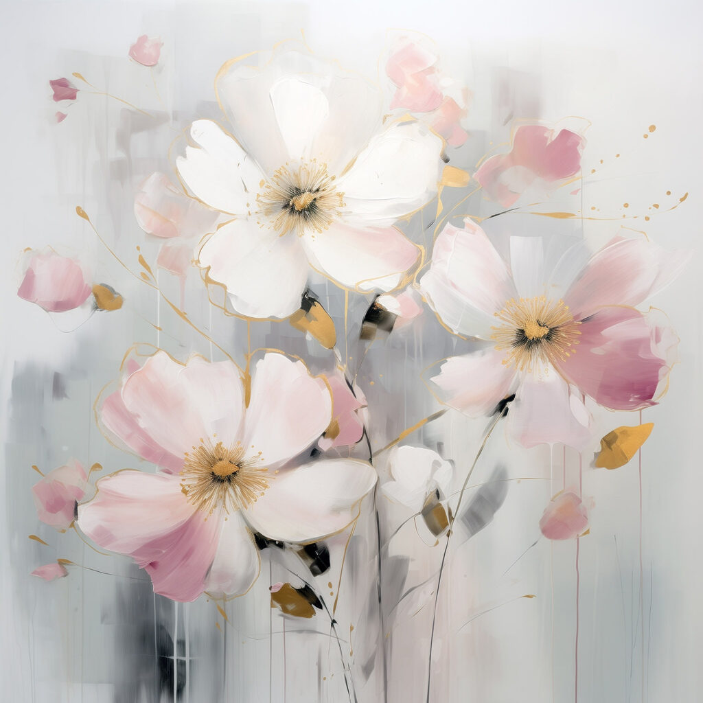 Flores brancas, tons rosados — design completo