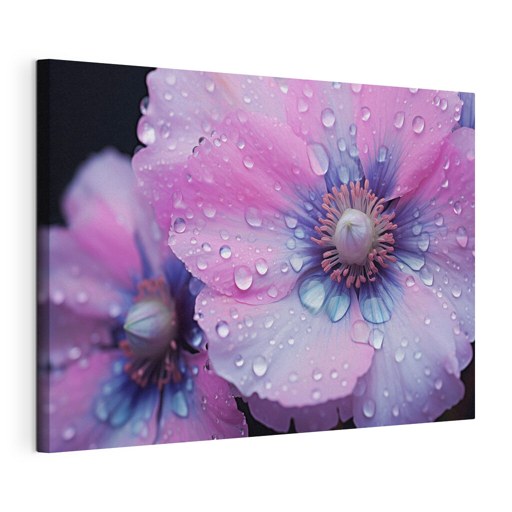 Flor cor-de-rosa com gotas, tela esticada e borda contínua