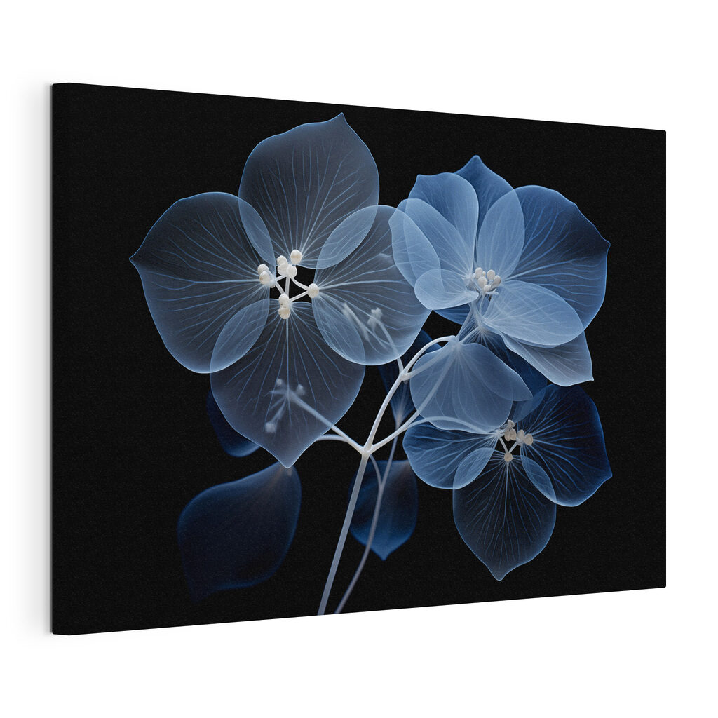 Flores azuis luminosas, tela esticada e borda contínua