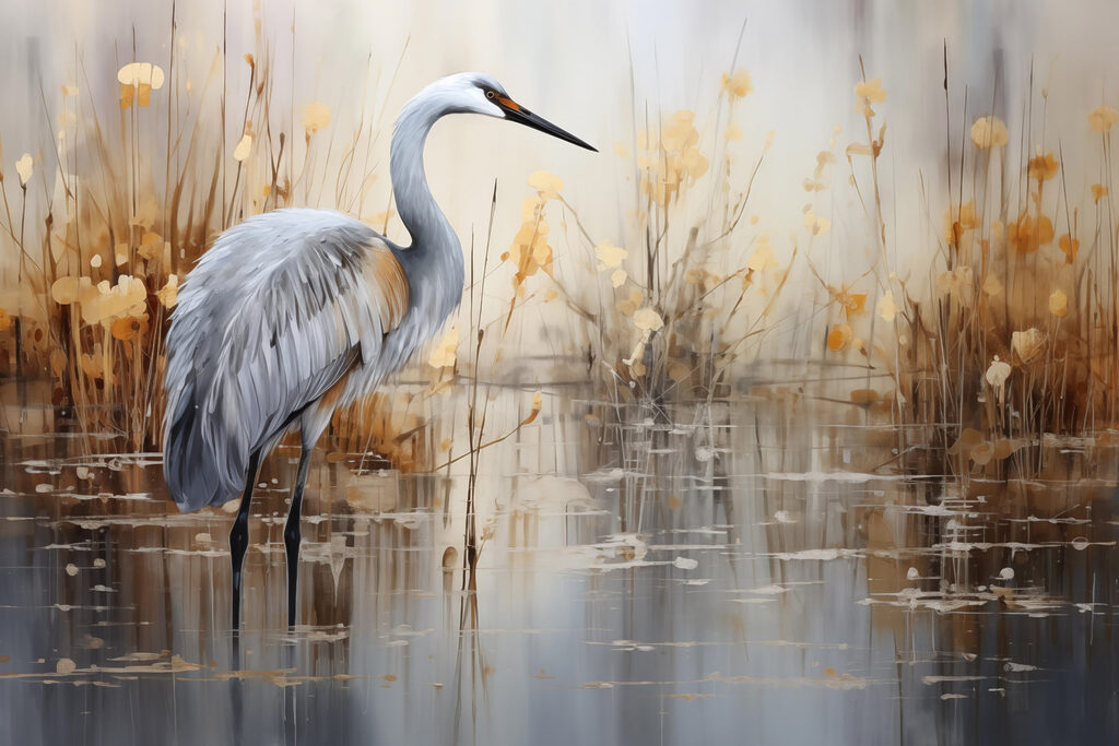 Garça entre caniços dourados — design completo