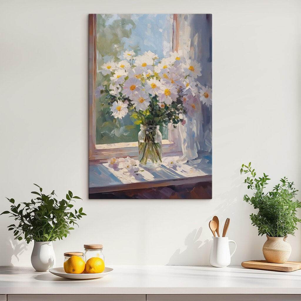 Margaridas em parapeito soalheiro — interior 1