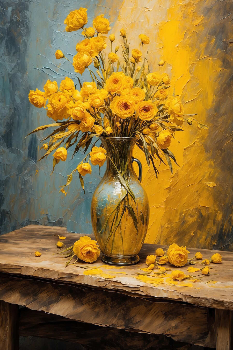 Flores amarelas, vaso âmbar — design completo