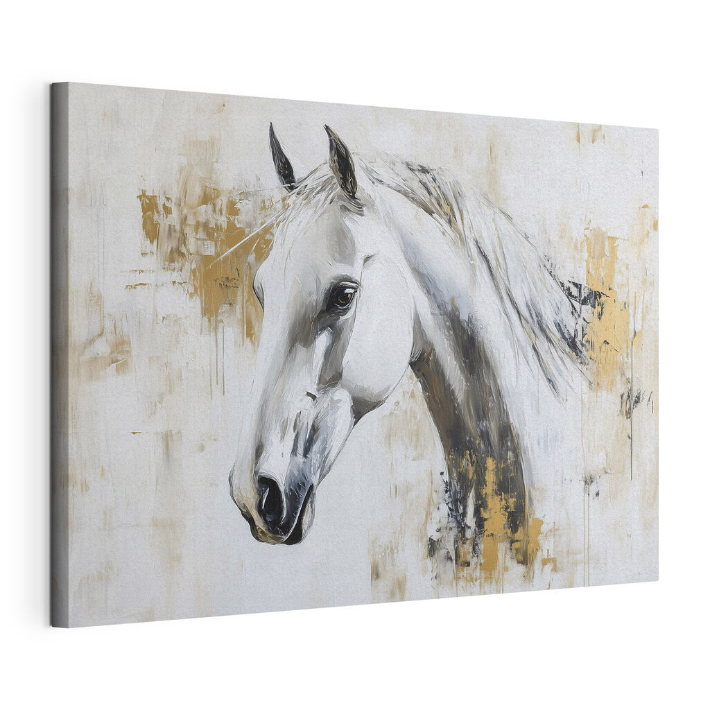 Cavalo branco em cinzento-dourado, tela esticada e borda contínua