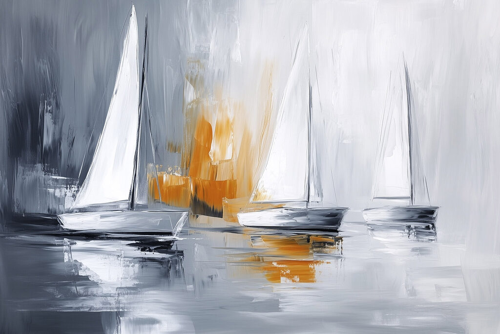 Três veleiros, reflexo ocre — design completo