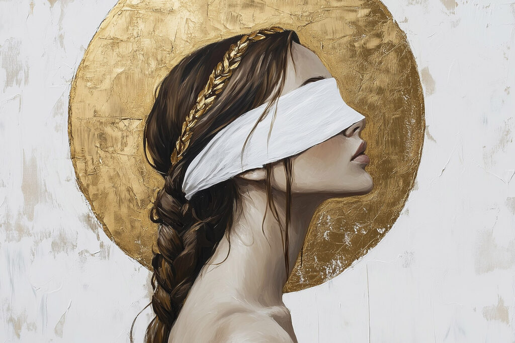 Perfil vendado sobre dourado — design completo