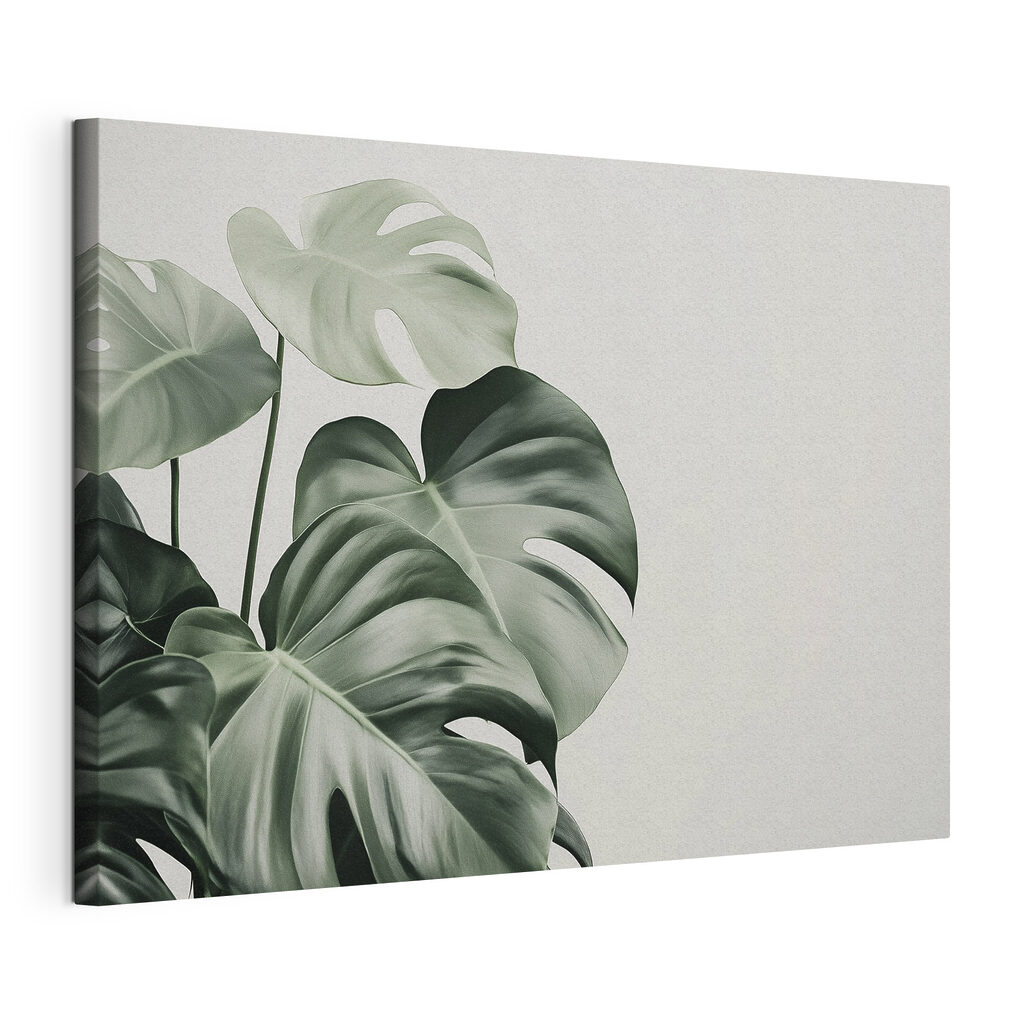 Monstera em verdes profundos, tela esticada e borda contínua