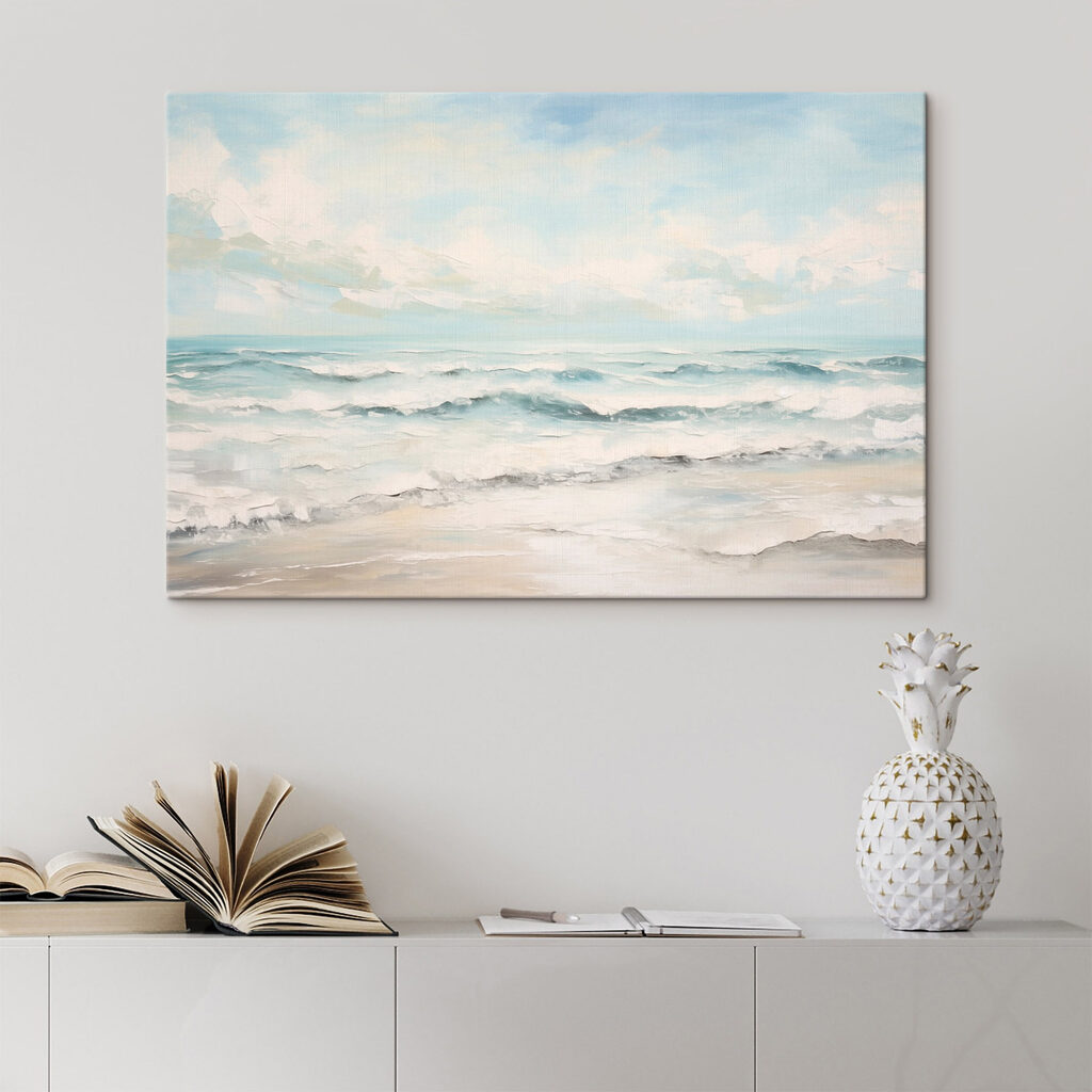 Ondas sob nuvens pastel num interior