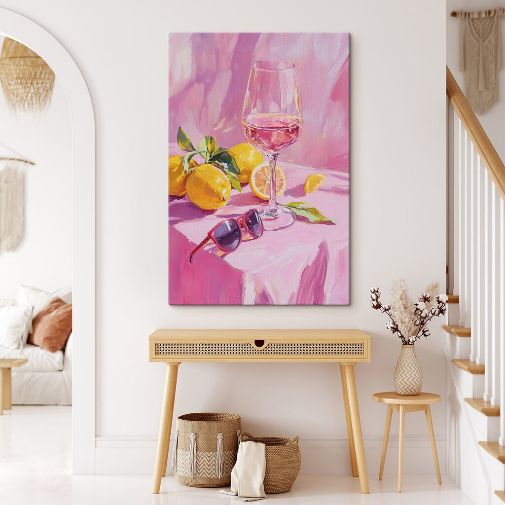 Vinho rosé e limões num interior