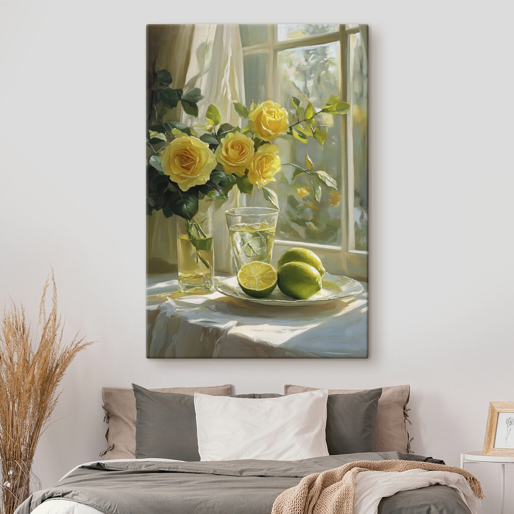 Rosas amarelas com limas num interior