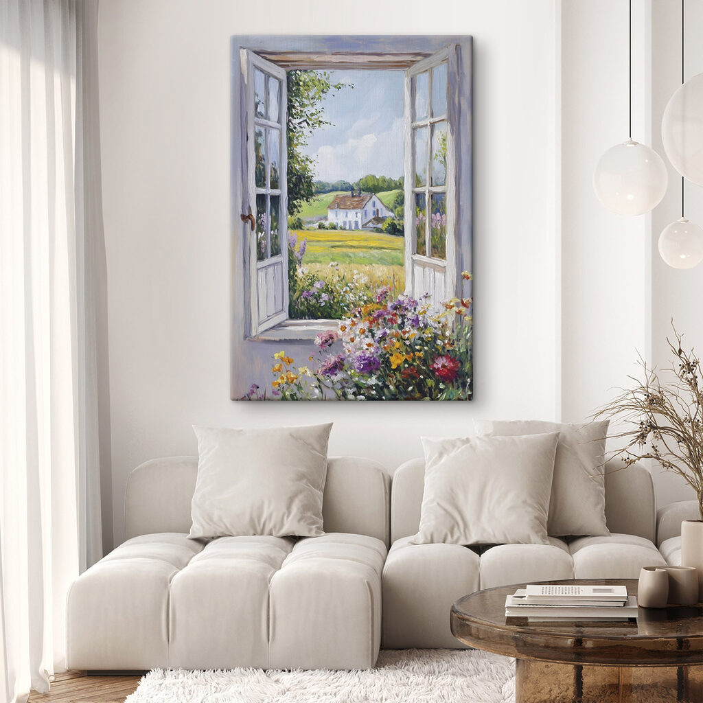 Janela sobre prado florido — interior 2