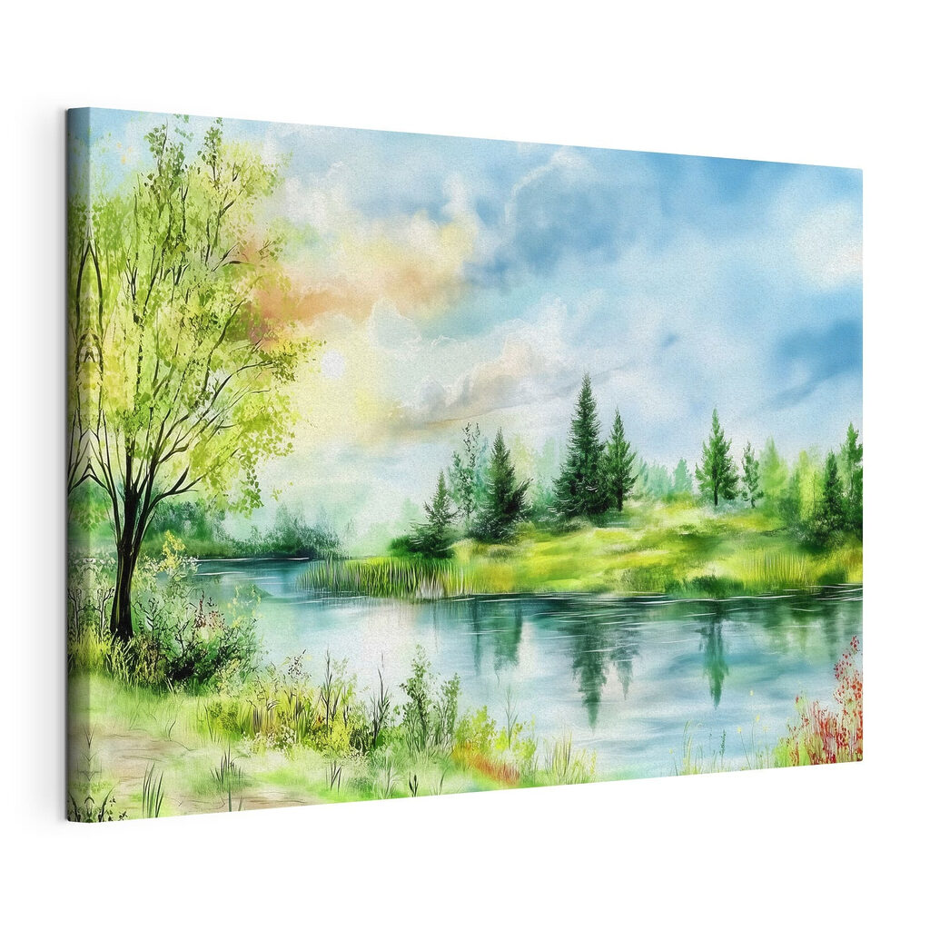 Margem verde sob nuvens, tela esticada e borda contínua